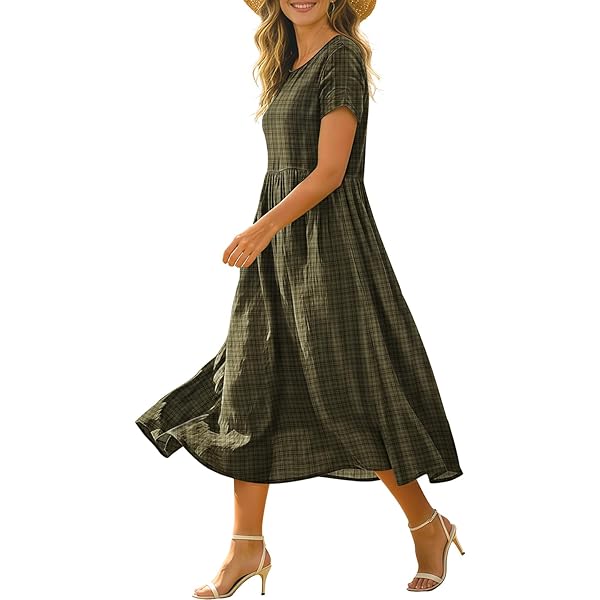 OFEEFAN Summer Dresses for Women Flowy Short Sleeve V Neck A Line Dress  Spring Beach Vacation Casual Dresses Midi Maxi Dress Sundresses for Women  Black Beige Palm S at Amazon Women's Clothing