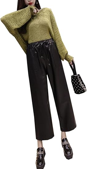 Amazon Puhao プハオ ガウチョ パンツ きれいめ レディース ウエストゴム ボトムス ワイドパンツ Pu フェイクレザー 9分丈 パンツ カジュアル レディース ファッション 美脚 デザイン 着痩せ カプリ クロップトパンツ 通販