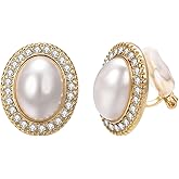 Yoursfs White Large Pearl Clip on Earrings for Women 18k Gold Plated Hypoallergenic Non Pierced Earrings Fashion Sparkly Jewelry