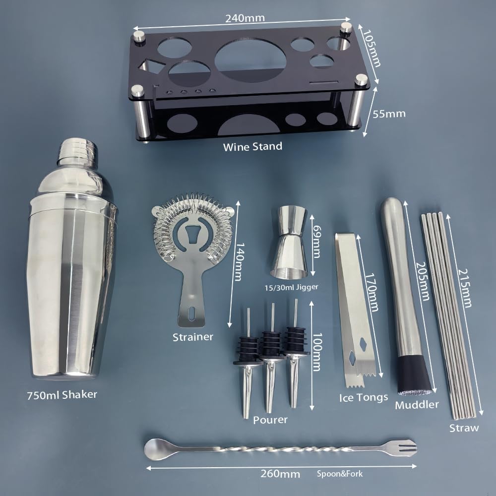 Bartender Kit, 13 Piece Cocktail Shaker Set Stainless Steel Bar Tools with Black Stand, 25 oz Shaker, Jigger, Spoon, Pourers, Muddler, Strainer, Tongs, Recipes - Image 4