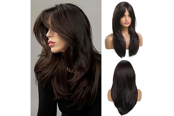 OUFEI 20 Inches Long Straight Dark Brown Layered Synthetic Hair Wigs with Bangs for Women Daily Party Use
