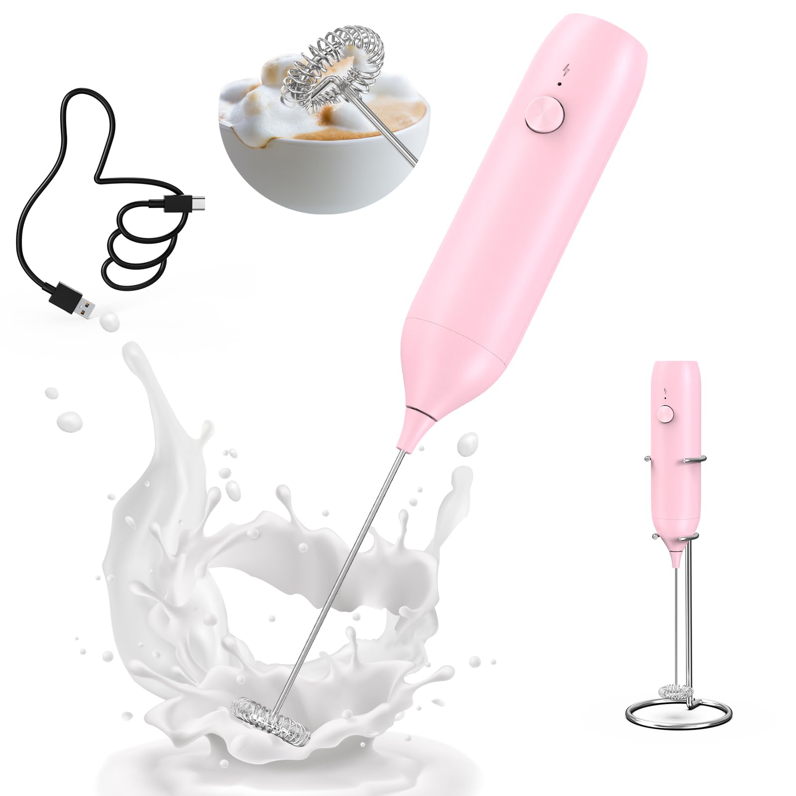 Photo 1 of * no stand*CIRCLE JOY Milk Frother Handheld Rechargeable Milk Foamer Electric Mini Drink Mixer with Stainless Steel Whisk for Coffee, Cappuccino, Lattes, Frappe, Matcha and Hot Chocolate, Pink
