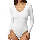 YOGINGO Women's Long Sleeve Deep V Neck Bodysuits Tops Going Out Body Suits for Women Fashion Tank Top Leotards Outfits White Large