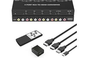 RUIPUO 4Port AV to HDMI Converter, RCA/Composite/CVBS to HDMI Adapter Support 16:9/4:3 Switch Compatible with Wii/N64/PS1/PS2/PS3/VHS/VCR/DVD Players etc (4Port RCA in to 1 HDMI Converter with IR Remote)