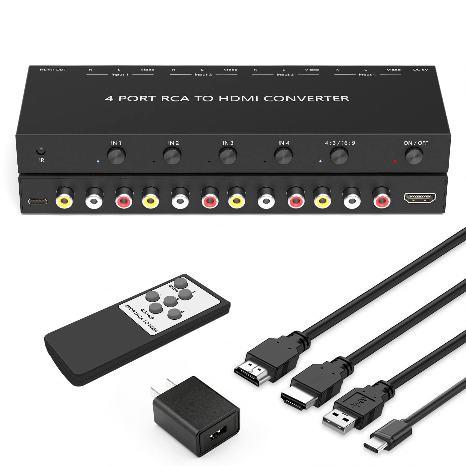 4Port AV to HDMI Converter, to HDMI Adapter Support 169/43 Switch