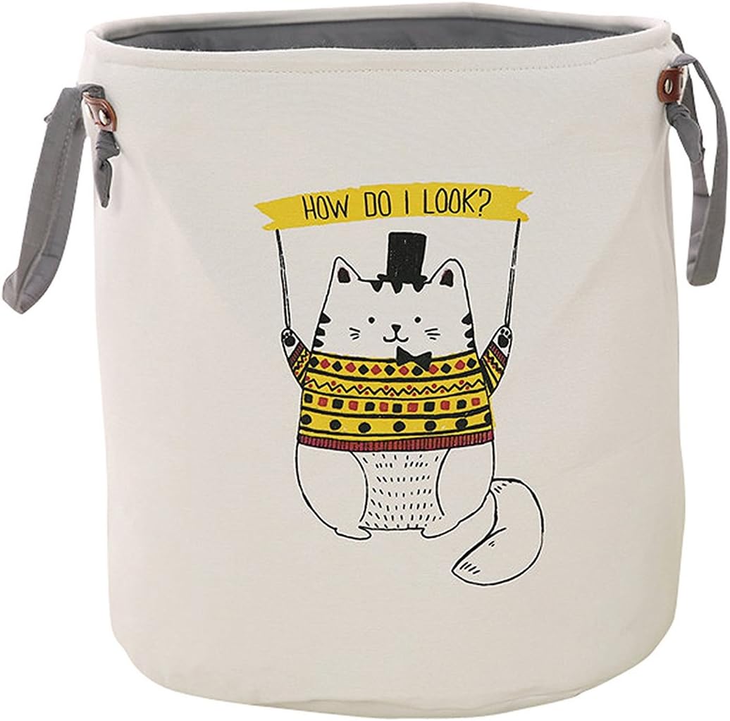 Caroeas Cartoon Animals Storage Basket Baby Toy Storage Laundry Basket Stylish Double Layer Canvas Storage Hamper Round Laundry Bin Thick Bag Zakka Organizer (Yellow Cat)