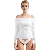 SUUKSESS Women Double Line Mesh Padded Tops Off The Shoulder Long Sleeve Shirts