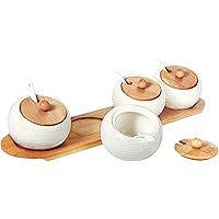 RUCKAE Ceramic Condiment Jar Spice Container with Bamboo Lid,Porcelain Spoon,Wooden Tray,Set of 4 ,White,170ML(5.8 OZ…