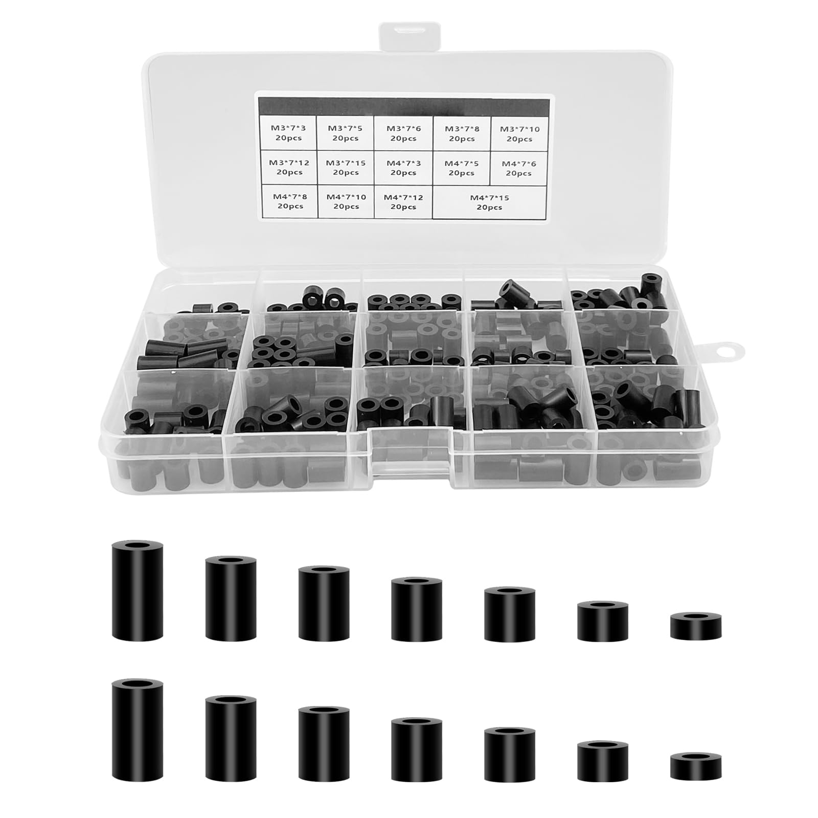 280pcs ABS Round Spacer Washer Assortment Kit,M3 M4 Screws Nylon Non Threaded Column Standoff Support Spacers with Plastic Box(Black) — image 1