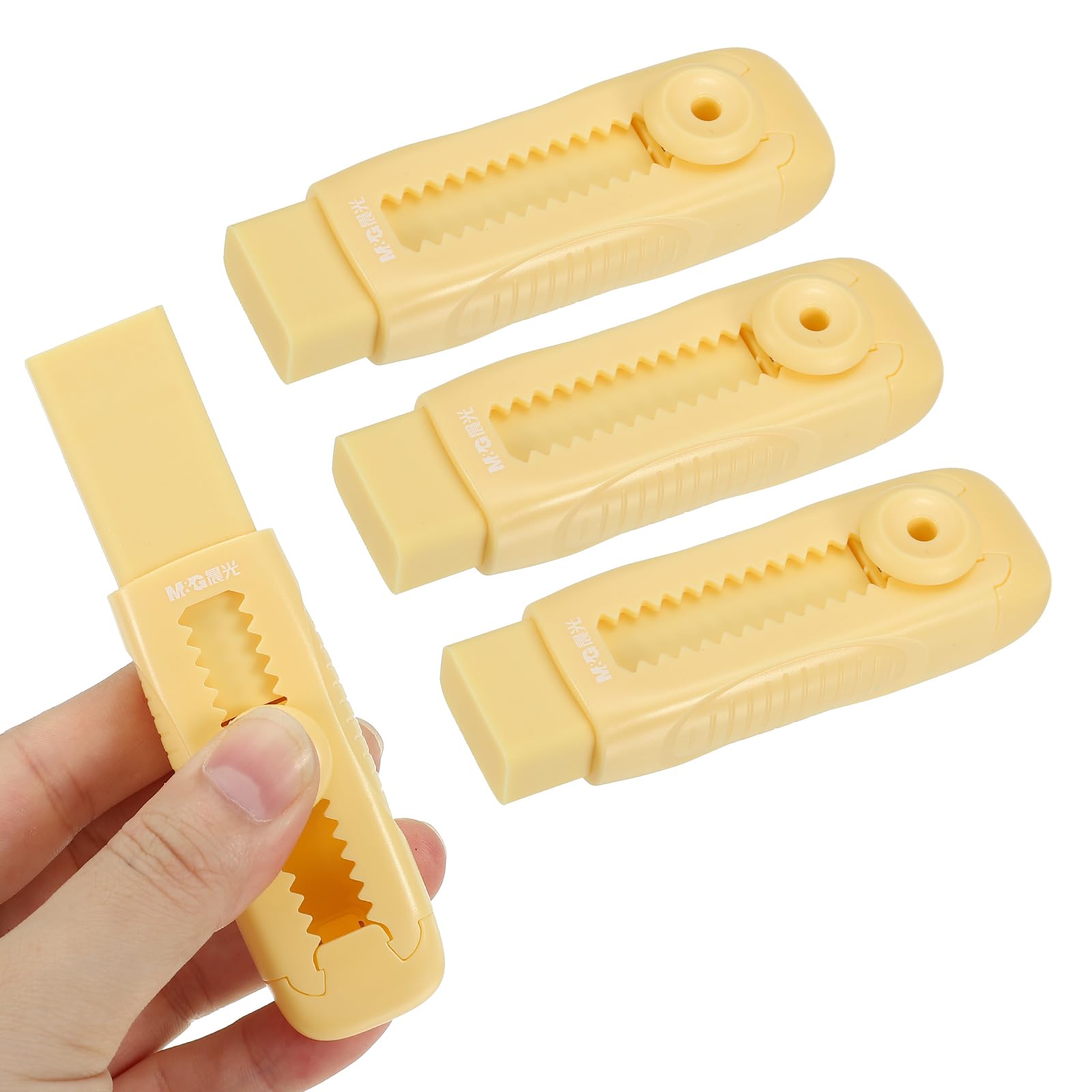 M&G 4 Pack Erasers, Yellow Sliding Retractable Eraser Push Pull Cute Pencil Erasers Soft Large Easy to Clean with Plastic Sleeve for Sketching Drawing Artists Teacher Pencils, Yellow
