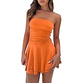 ABINGOO Women Strapless Tube Mini Dress Sexy Sleeveless Tiered Ruffled Hem Ruched Short Bodycon Dress Flowy Summer Y2K Dress