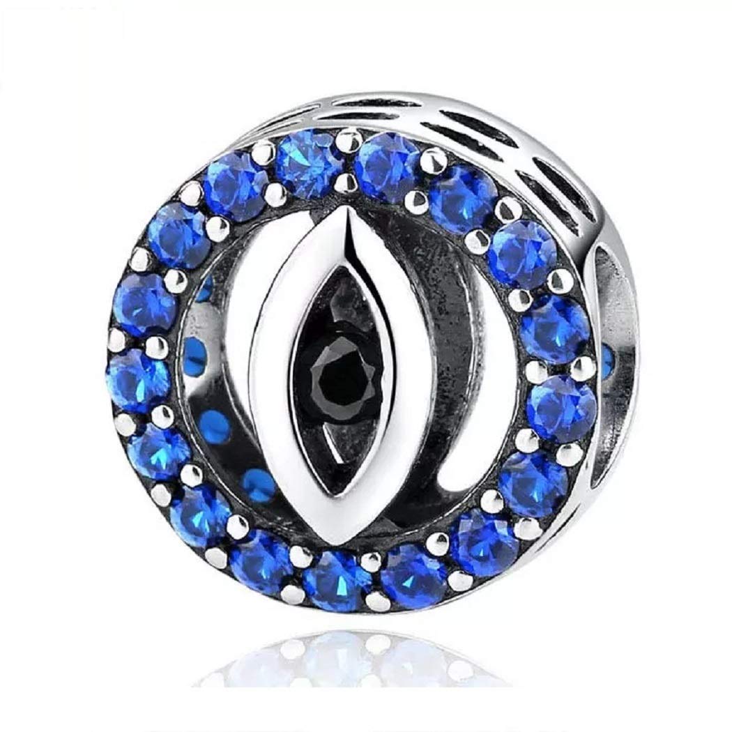 FeatherWish 925 Sterling Silver Charm Lucky Hamsa Evil Eye Family Love Protection Travel Holiday Round Bead Charm With Blue Cubic Zirconia Compatible With Pandora Bracelet