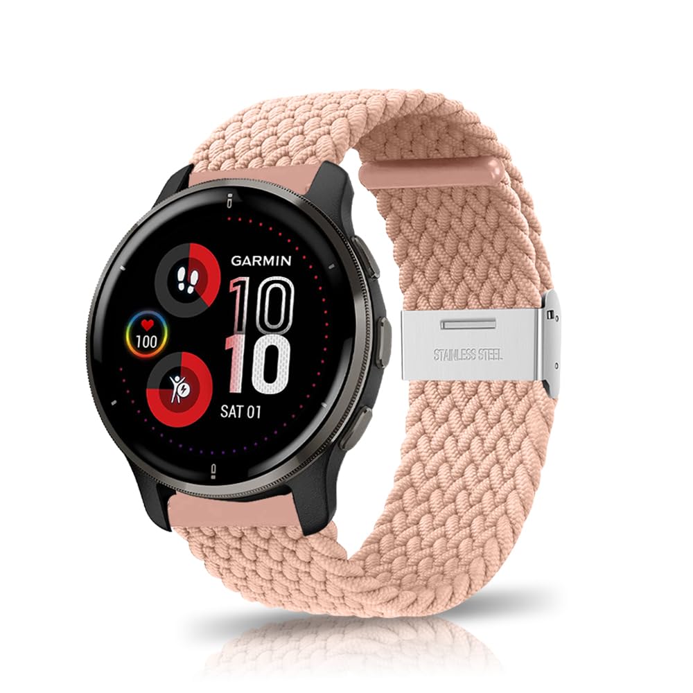ZoRoll 20 mm Braided Strap for Garmin Vivoactive 5/Vivoactive 3/Venu Sq 2/2 Plus, Elastics Nylon Adjustable Sport Replacement Band Compatible with Garmin Forerunner 165/Forerunner 245/645 - Pink