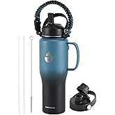 RAYMYLO 32oz Stainless Steel Water Bottle (Cold for 48 Hrs, Hot for 24 Hrs), Triple Wall Vacuum Insulated Water Bottle with Straw Lid, Spout Lid and Paracord Handle, Leakproof, Fit in Any Car Cup
