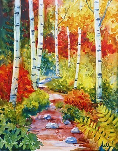 Autumn Birch Trees Painting Janet Zeh 11x14 Unframed Watercolor