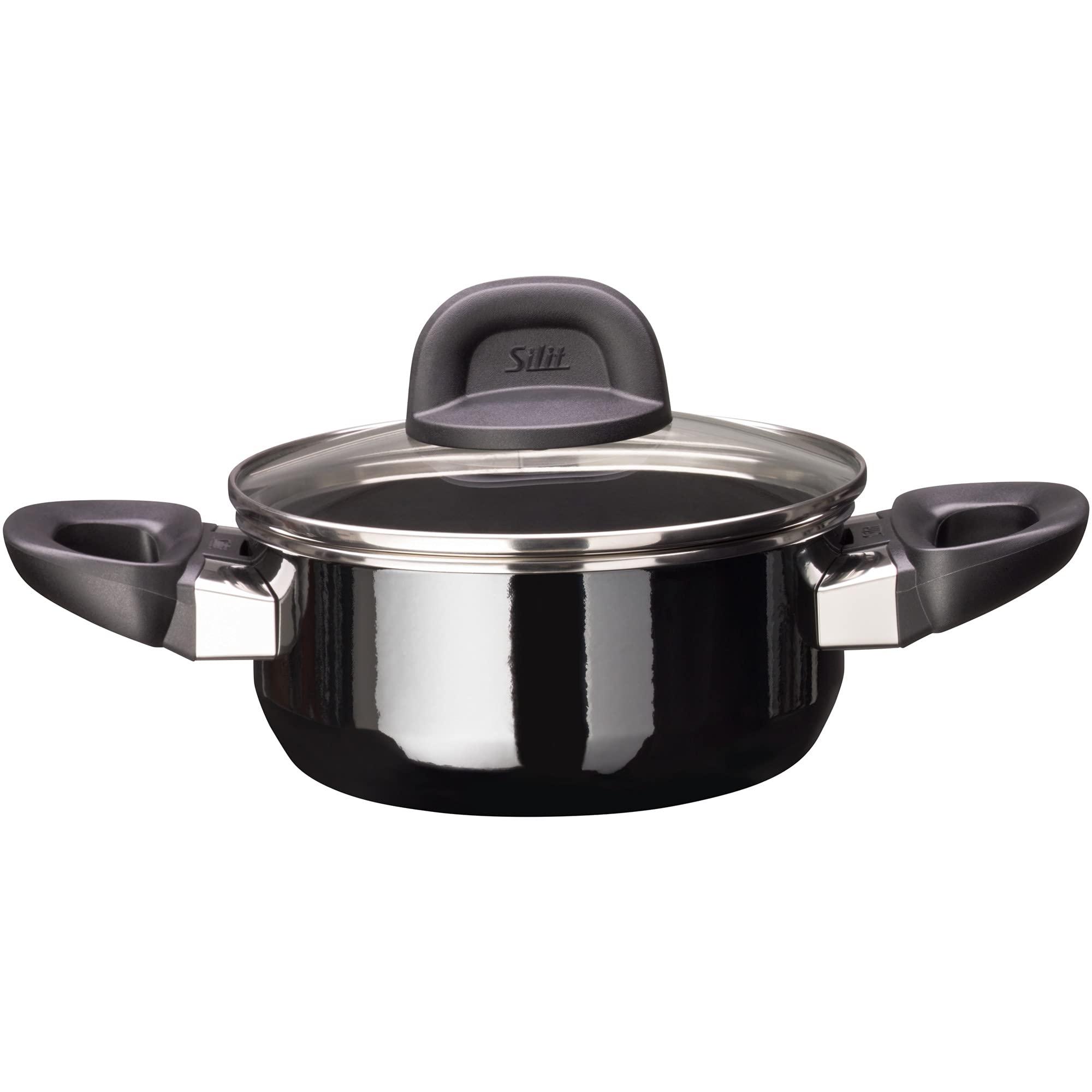 Silit Modesto Line Cooking Pot 16 cm, Glass Lid, Stewing Pot 1.3 L, Silargan Functional Ceramic, Induction Pot, Black