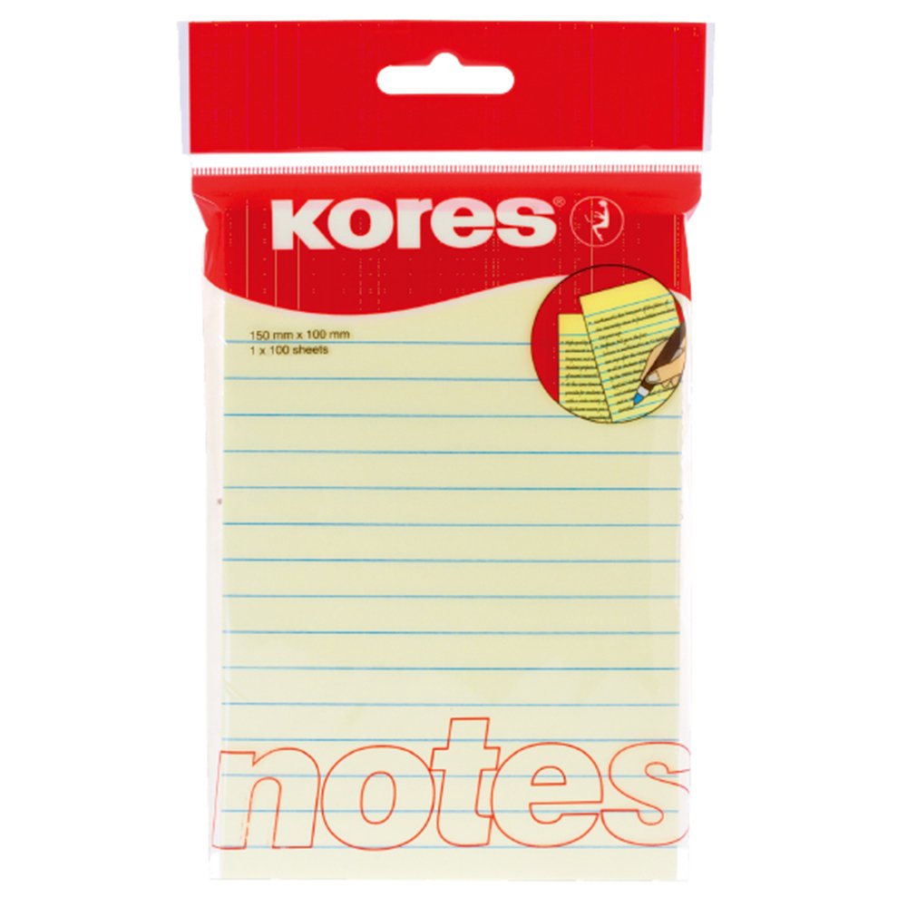 Kores - Yellow Lined Sticky Notes - Coloured, Self-Stick Notes, Memo Block, Notepad, Back to School Supplies, Teacher Supplies, Office Supplies - 150x100mm, Pack of 1 x 100 Sheets