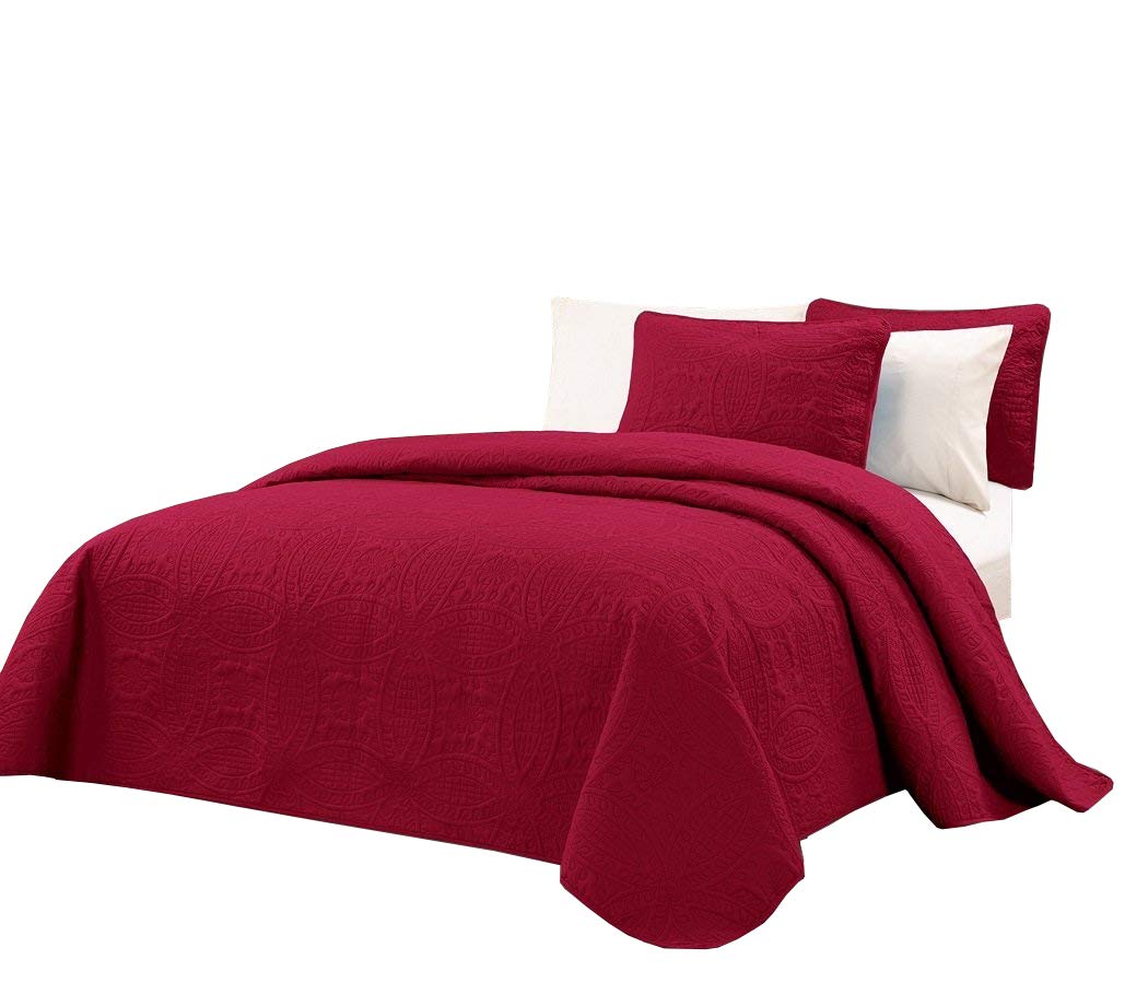 Chezmoi Collection Austin 3-Piece Oversized Bedspread Coverlet Set (King, Burgundy)