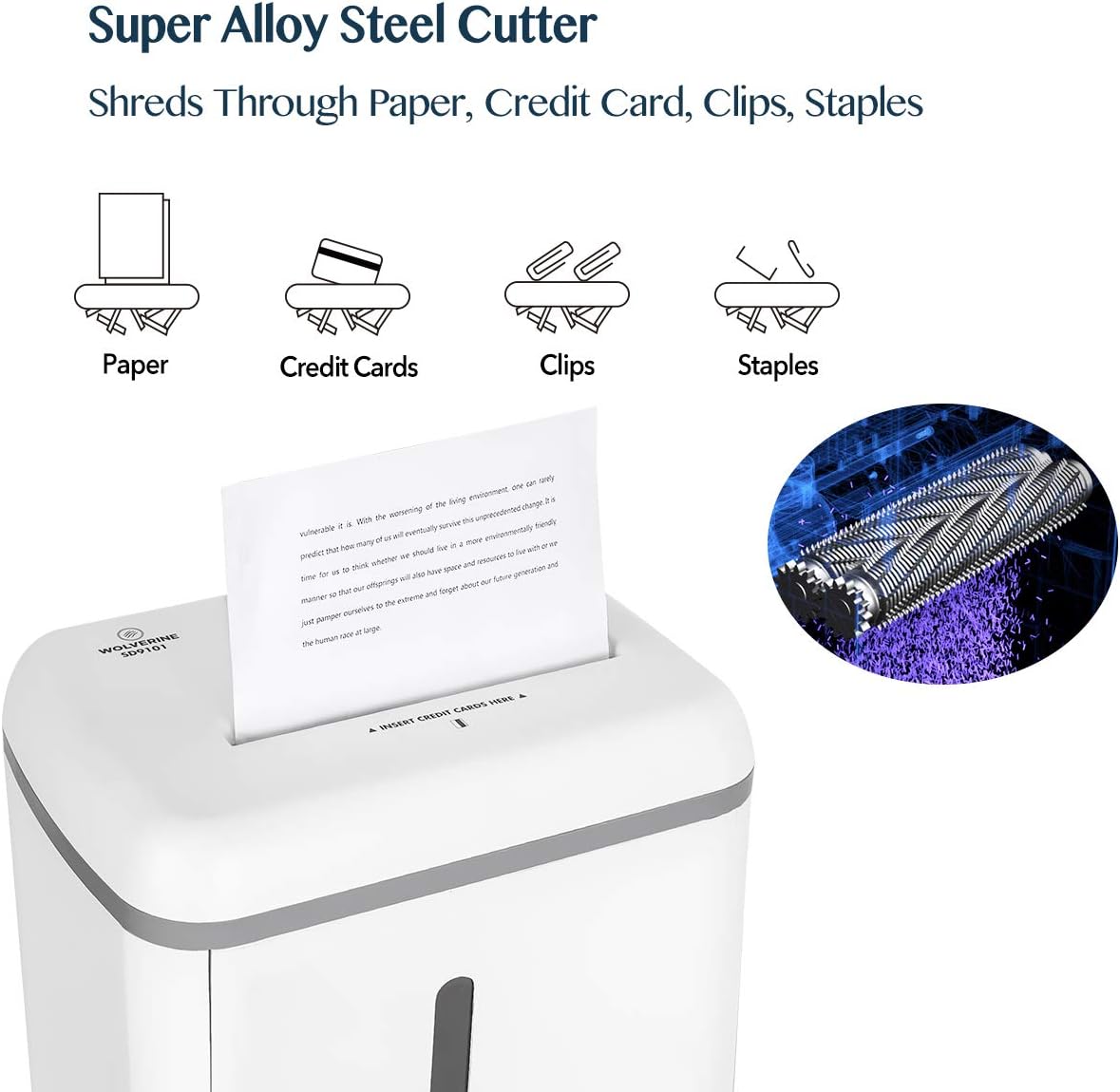WOLVERINE 8-Sheet Super Micro Cut High Security Level P-5 Ultra Quiet Paper/Credit Card Home Office Shredder with 17-Litre Pullout Waste Bin SD9101 (White) - Image 5