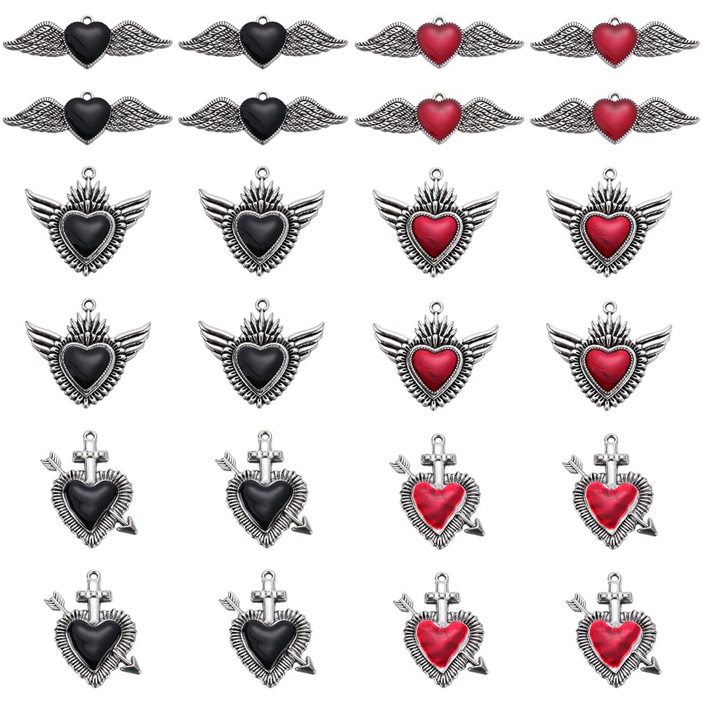 SUNNYCLUE 24Pcs Gothic Heart Charms Silver Enamel Hearts Charms Bulk Gothic Vintage Love Red Style Sacred Heart Mexican Halloween Charm Bulk for jewellery Making Charms Valentine's Day Earring DIY Cra