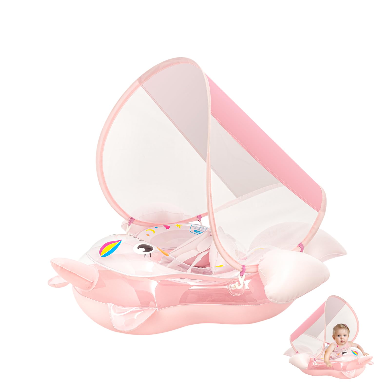 Unicorn Inflatable Baby Float with Canopy, Hot Pink Baby Pool Float for Babies Girls Newborn Toddlers - Adjustable Safety Seat, UPF 50+ Sun, Pool Swimming Float for 3-12 Months ﻿