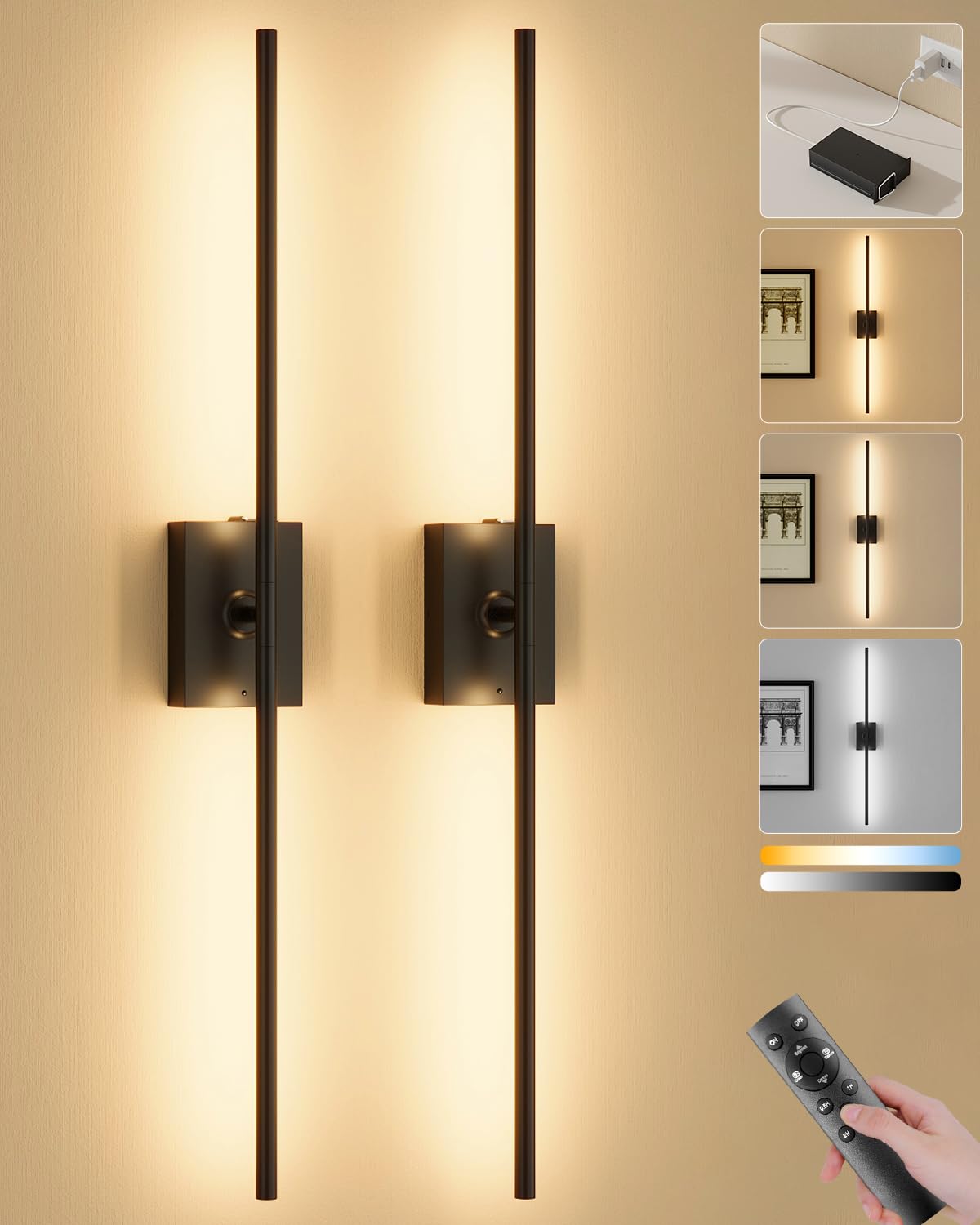 Photo 1 of Ouyulong Battery Operated Wall Sconces Set of 2, 10000mAh Wireless Rechargeable 3000-6000K Dimmable 350° Rotate Wall Light with Remote for Living Room, Bedroom 23.6in Black