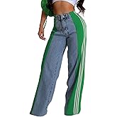 KANSOON Womens Jeans High Waisted Patchwork Side Stripes Color Block Stretchy Wide Leg Straight Trendy Denim Pants