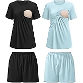 Ekouaer 2 Pack Women's Nursing Pajamas Set Double Layer Maternity Pjs Postpartum Loungewear Set Breastfeeding Tops & Shorts