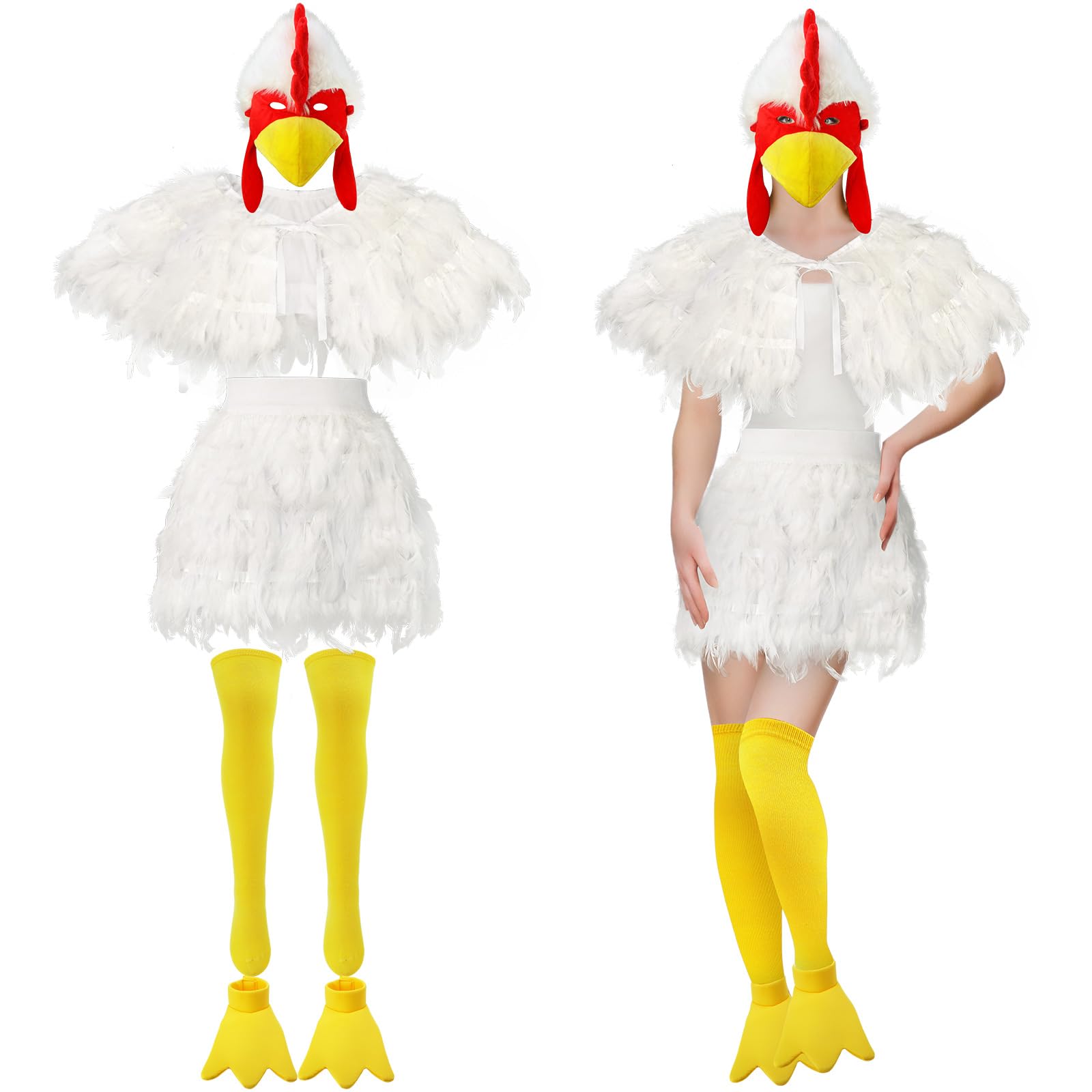 Photo 1 of Liitrsh 5 Pcs Halloween Chicken Costume Women Adult Rooster Hat Feather Cape Skirt Outfits Accessory Kit(White,XL)