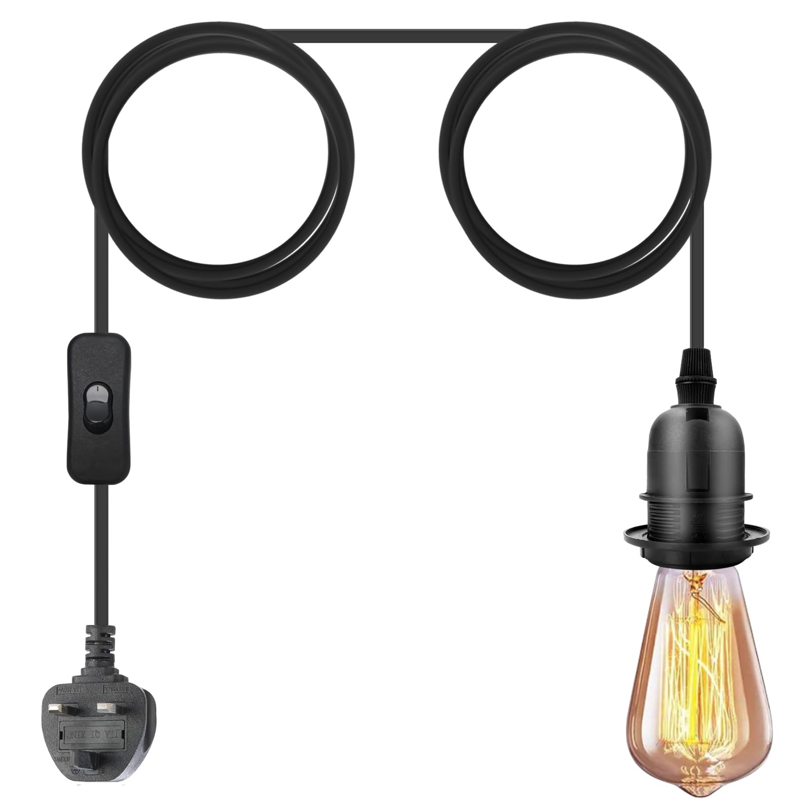Plug in Hanging DIY Light Fixture,14.8FT Pendant Lamp Lights Cord E27 Bulbs Socket (Black+PVC+ON/Off Switch)