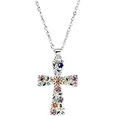 AOOMO Colorful Diamond Cross Necklace for Women, Silver Stainless Steel Colorful Diamond Cross Pendant