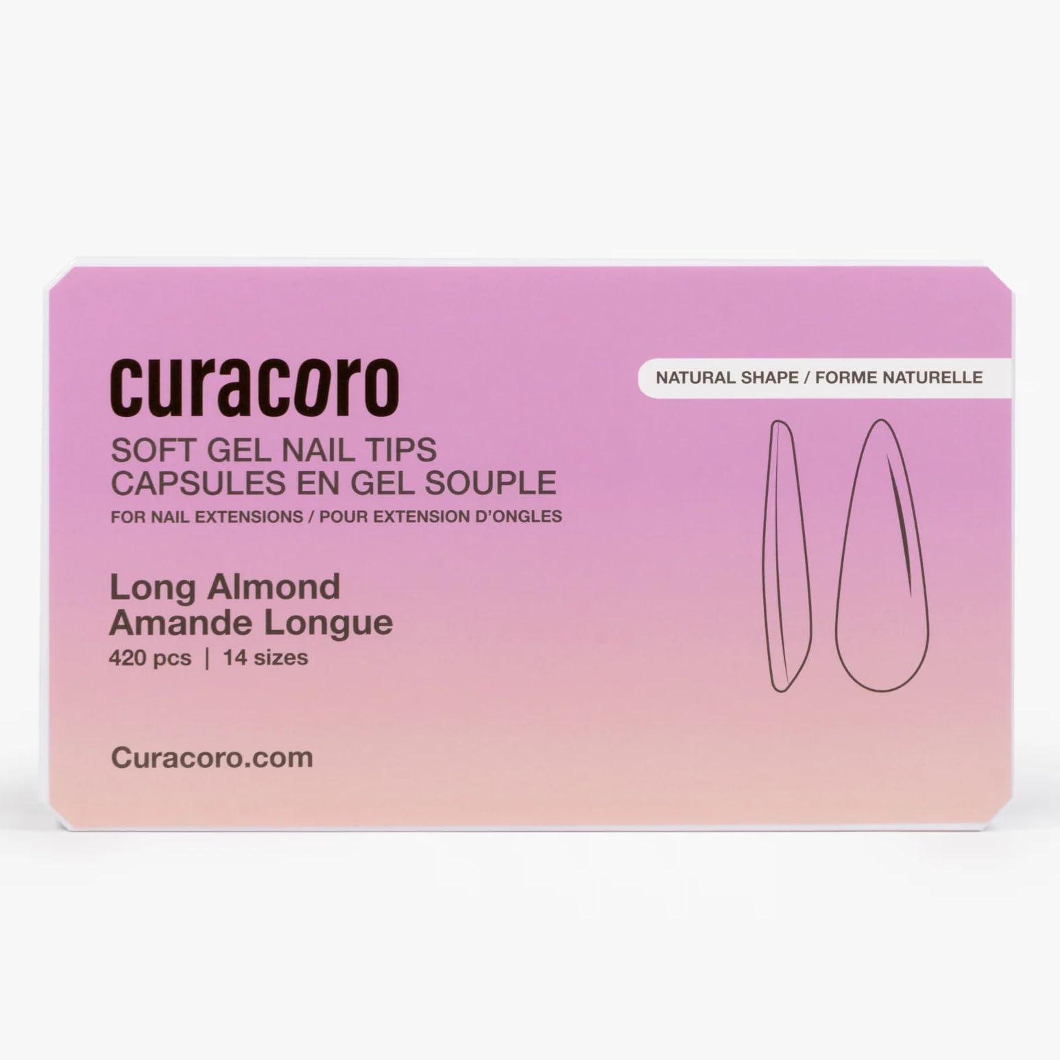 Photo 1 of Curacoro Natural Long Almond Gel Nail Tips 420Pcs, Clear Full Cover Soft Acrylic Tips 14 Sizes, Easy to Use, Long-Lasting, Glossy Finish