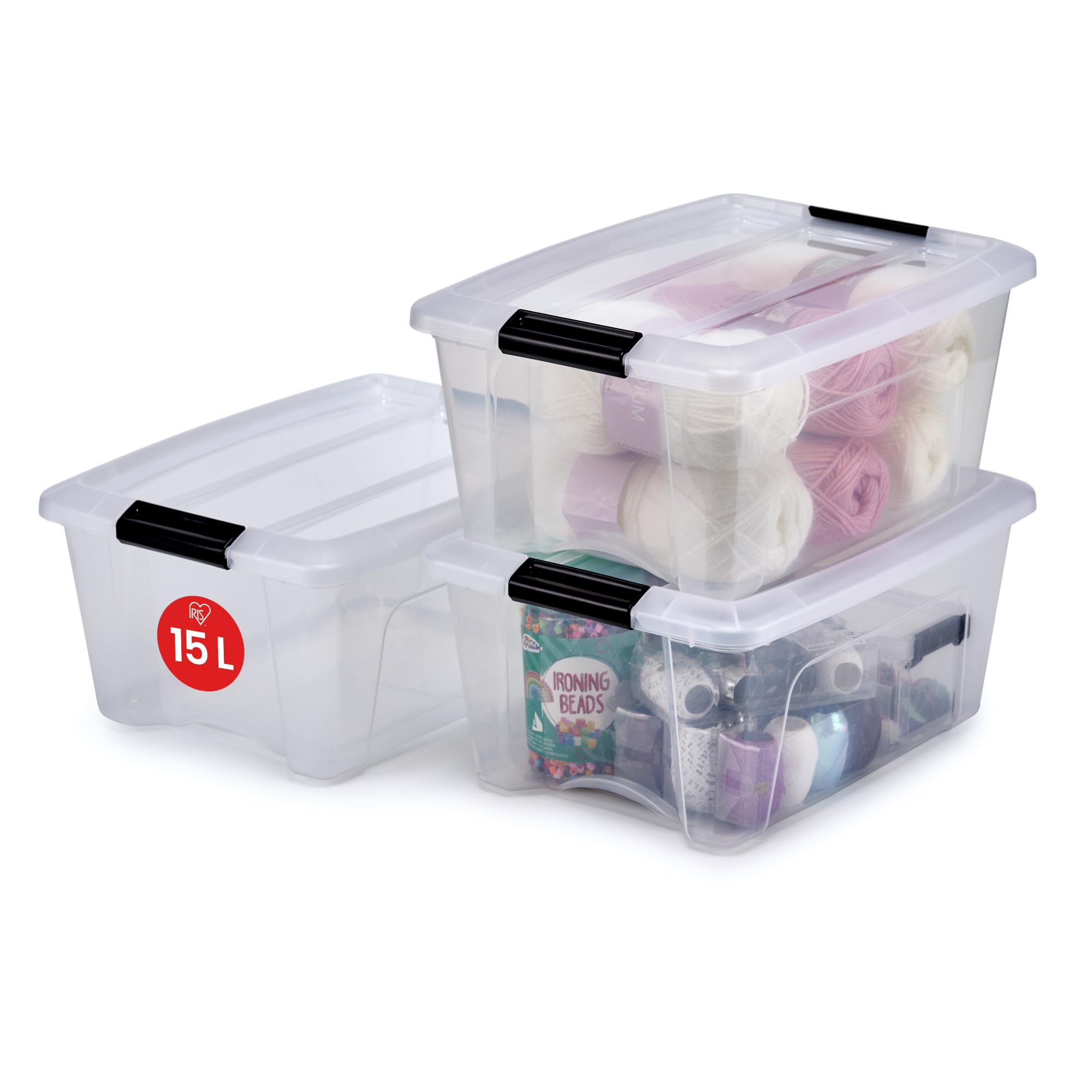 Iris Ohyama, Set of 3, Storage boxes, 15 L, with snap closure, stackable, living room, bedroom, garage - Current Top Box NTB-15 - Transparent