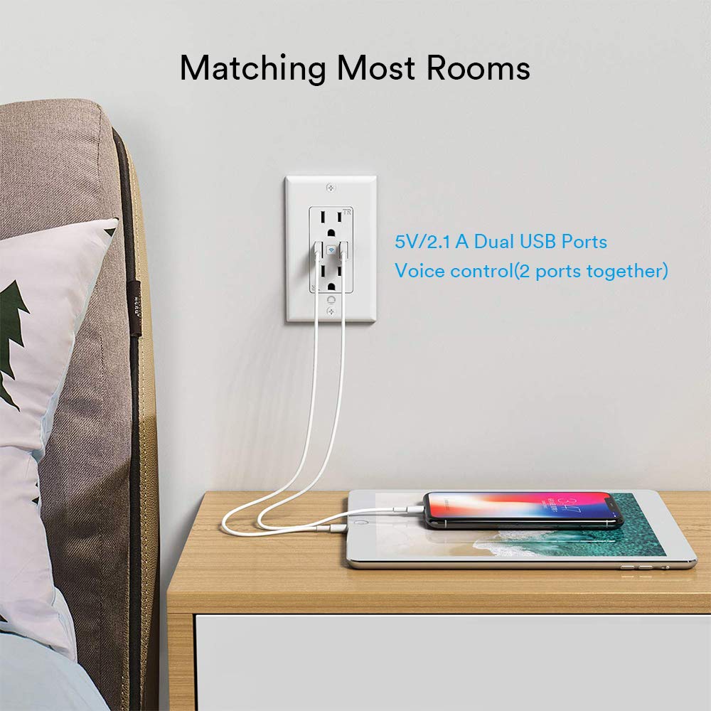 Lumary Smart WiFi In-Wall Outlet 15 Amp Tamper Resistant Split Duplex Receptacle - 2 Plugs and 2 USB Ports, Compatible with Alexa, Google Home, and IFTTT(No Hub required)