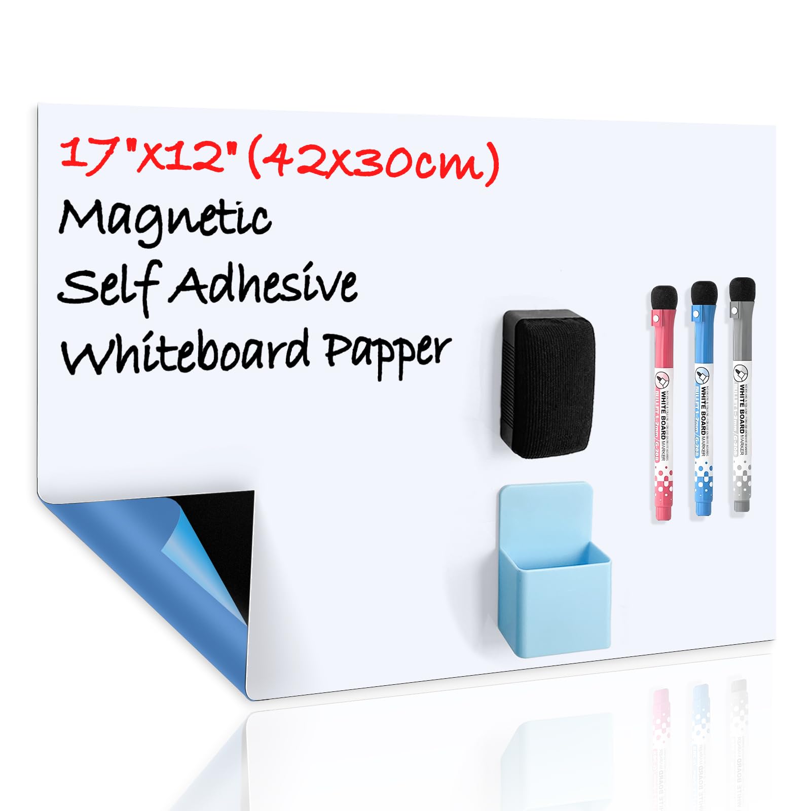 CUHIOY Whiteboard Magnetic Dry Wipe Board Self Adhesive A3 for Any Smooth Surface with New Stain Resistant Technology,Home Kitchen Fridge Shopping List and Office Notice Board,3 Whiteboard Pens