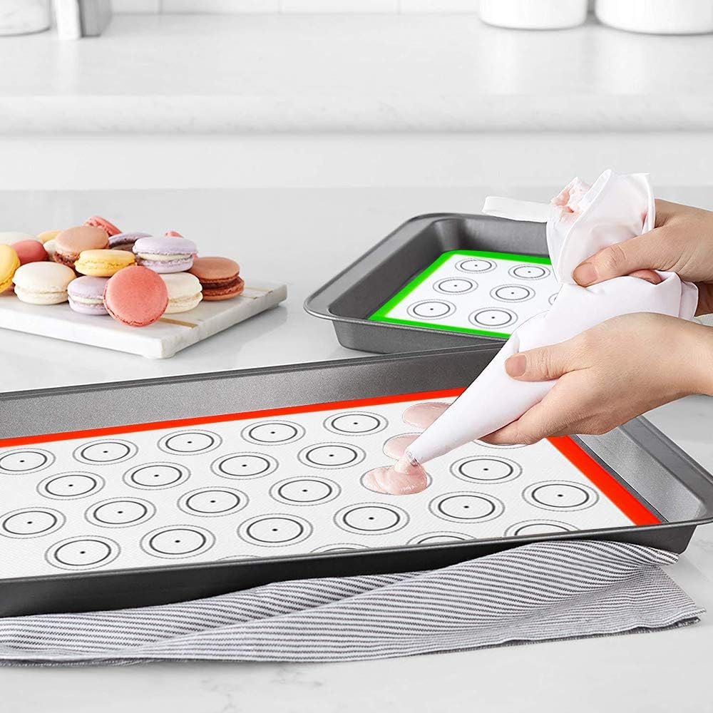 Koulang Reusable Silicone Baking Mats - BPA Free Nonstick Macaron Baking Mat Sets 4 Pack Large and Small with Oil Brush Professional for Holiday Macarons Cookies: Kitchen & Dining