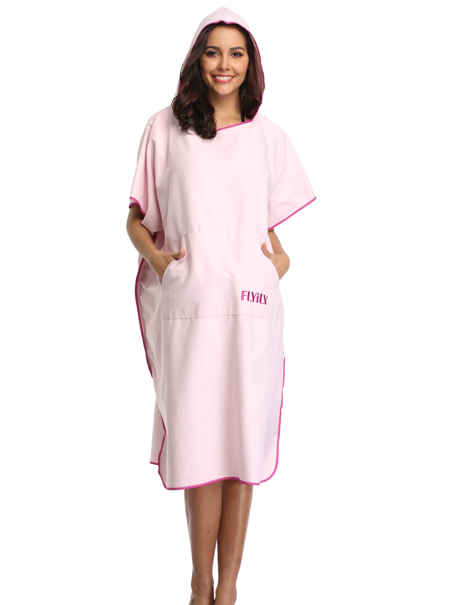 FLYILY Microfibre Surf Poncho Towel with Hood Bath Robe for swimming and beach changing One Size Fit All adults(LightPink,L)
