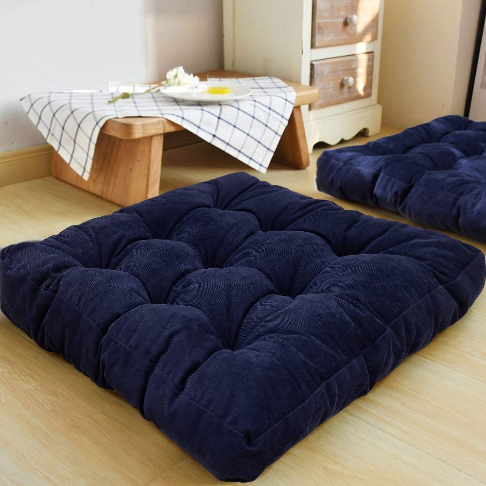 HIGOGOGO Thicken Tufted Cushion, Solid Square Seat Pillow Corduroy Chair Pad, Soft Tatami Large Floor Cushion for Yoga Meditation in Living Room Balcony Office Outdoor (Dark Blue, 55x55 cm)