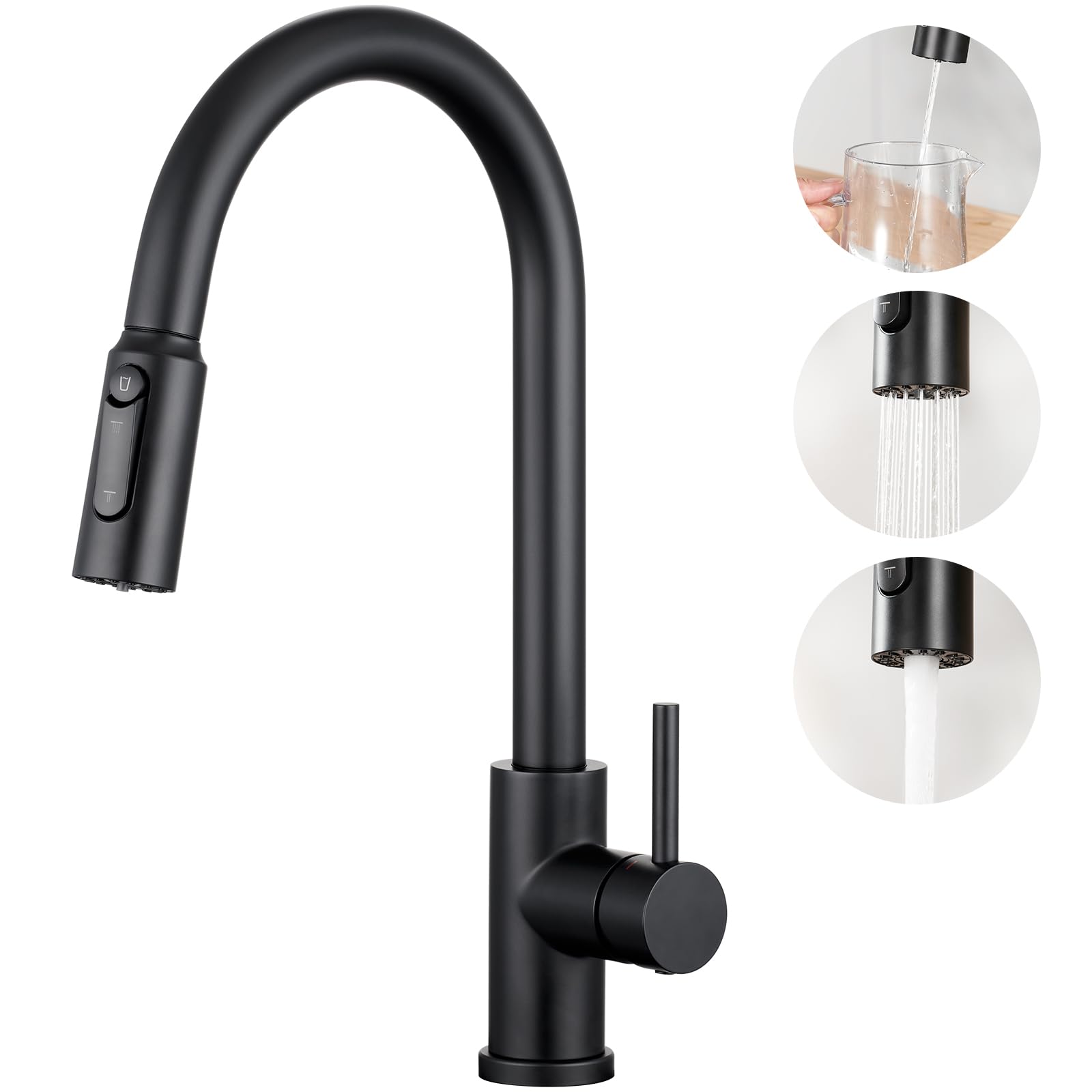 CREA 3 Way Kitchen Tap with Pull Out Sprayer, 360° Swivel, Matte Black