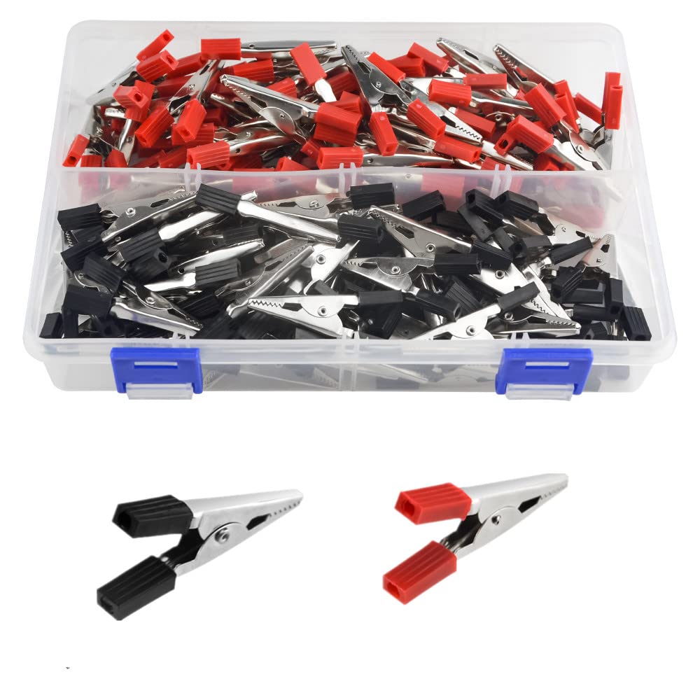 WMYCONGCONG 120 PCS Metal Alligator Clips Crocodile Clips, Electrical Test Cable Crocodile Clips Metal Croc Clips with Plastic Red Black Hands for Laboratory and Electrical Testing Work, Length 46mm