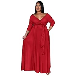 Runwind Plus Size Dress for Women 3/4 Sleeve V Neck