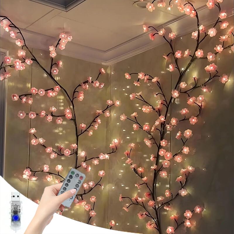 Photo 1 of LED Tree Branch Lights for Wall 7.55 FT 144LEDs Cherry Blossom Lights Vine Light with Remote and 8 Lighting Modes Cherry Blossom Garland Willow Vine for Bedroom Indoor Wall Wedding Christmas Decor