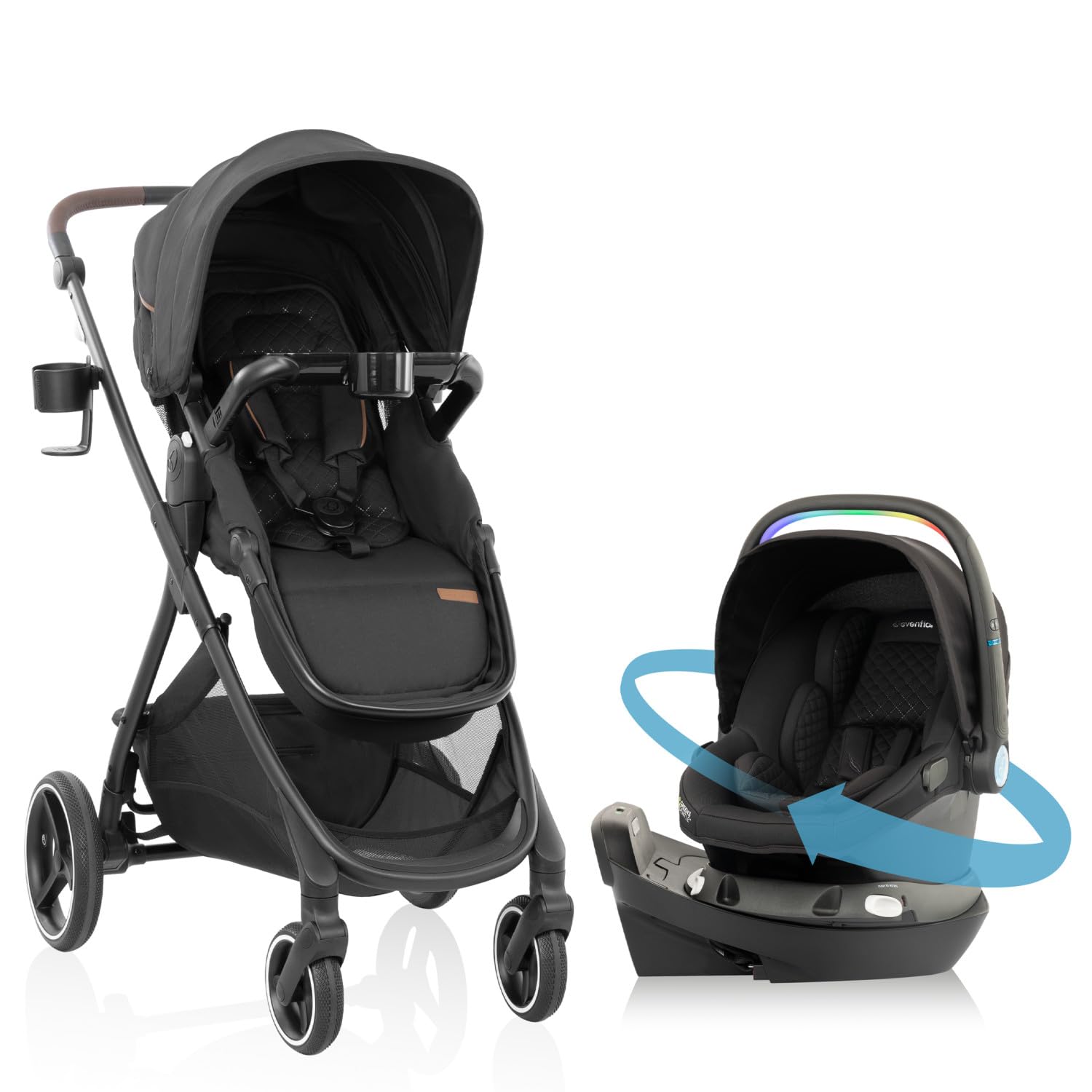 Photo 1 of Evenflo Shyft Intuiti+ Travel System Featuring Revolve180 LiteMax NXT Preemie and Infant Car Seat with SensorySoothe and Green & Gentle (Jasper Black)