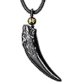 Lightock Natural Obsidian Wolf Tooth Necklace Pendant for Men Women Amulet Unisex Couples Gifts Adjustable Size 27inch