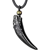 Lightock Natural Obsidian Wolf Tooth Necklace Pendant for Men Women Amulet Unisex Couples Gifts Adjustable Size 27inch