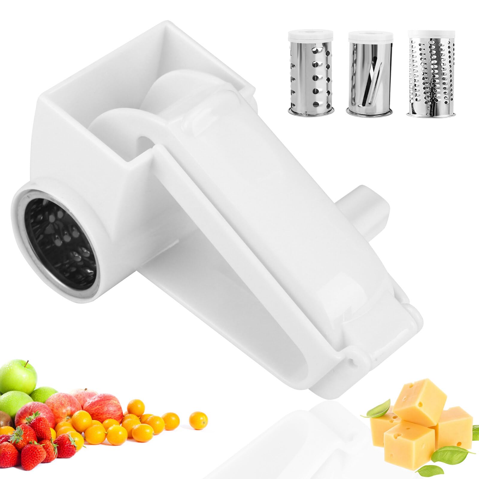 BlueEour Rotary Cheese Grater, Kitchen Rotary Grater with 3 Stainless Steel Grater Barrels, Multifunctional Handheld Manual Cheese Grater for Cheese Chocolate Fruits Vegetables (White)