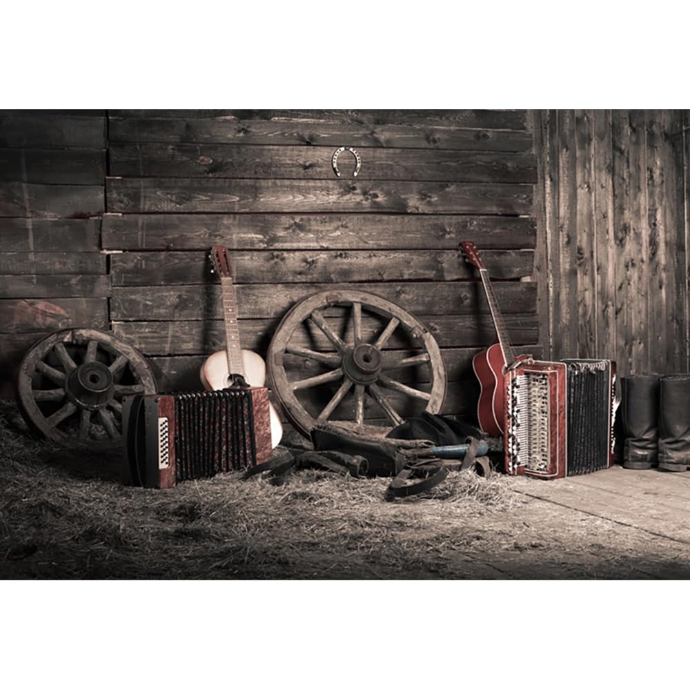 YongFoto 3x2m Photography Backdrop Old Barn Western Cowboy Vintage Wheel Boots Guitar Straw Photo Background Backdrops Photography Photo shoot Party Adults Wedding Personal Portrait Photo Studio Props — image 1