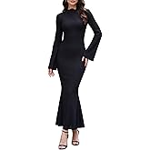 Casuallined Women Long Sleeve Maxi Dress Flare Sleeve Ribbed Knit Bodycon Dress Crew Neck 2026 Elegant Slim Fit Outfit