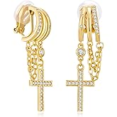Clip on Dangle Earrings for Women Triple Huggie Hoop Clips 14k Gold Plated Cute Drop Statement Chain Earring Lightweight Non-Pierced Jewelry Gifts