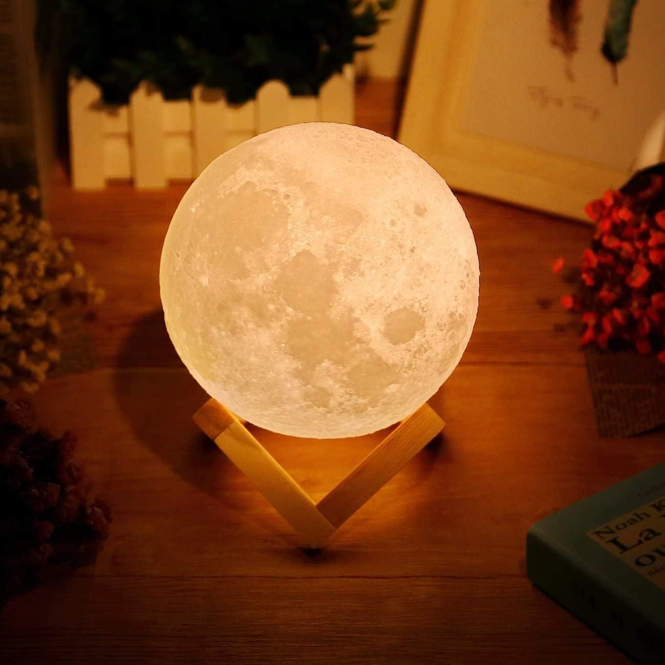 Uten 3D Moon Lamp, LED Moon Night Light, Smart Bedside Table Lamp, USB Rechargable, Touch Control, Dimmable Color Changing LED Baby Bedside Lamp, Bedroom, Camping (Yellow,Warm White)